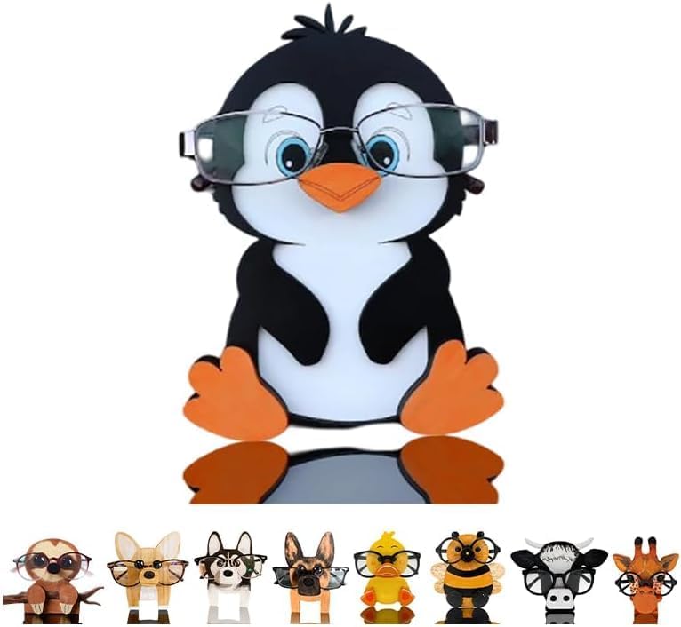 HyeeArt Wooden Animal Glasses Holder , Newsukie - Cute Solid Pine Wood Eyeglasses Stand,Carving Sunglasses Eyeglass Display Stand,Newsukie Creative Gift Glasses Holder for Desk (Flowers Highland Cow) (penguin-2) - Image 1
